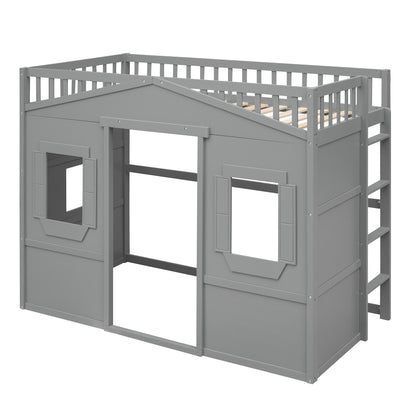Twin Size House Loft Bed With Ladder - Gray