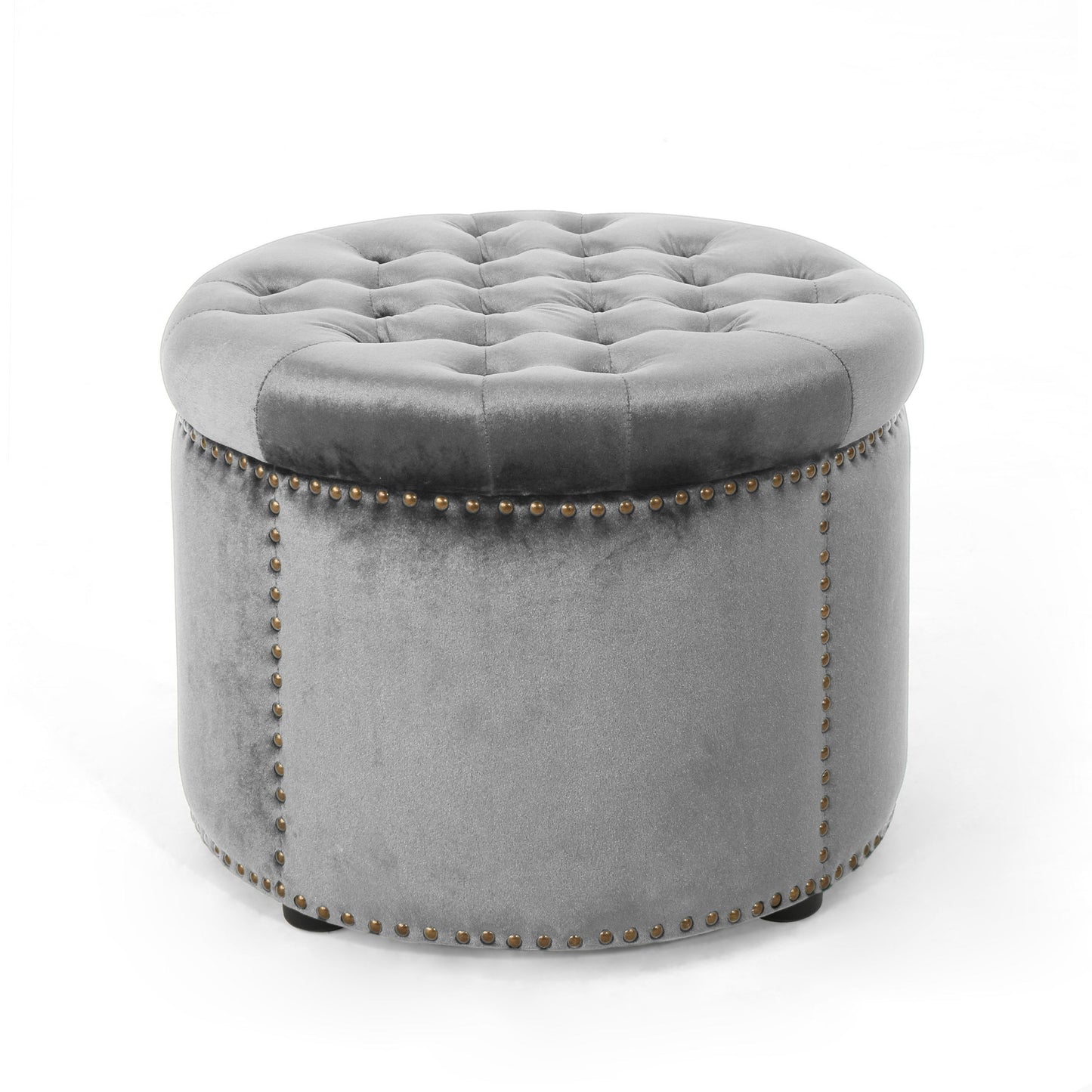 Elegant Round Ottoman Footstool With Velvet Upholstery And Studded Rim - Gray