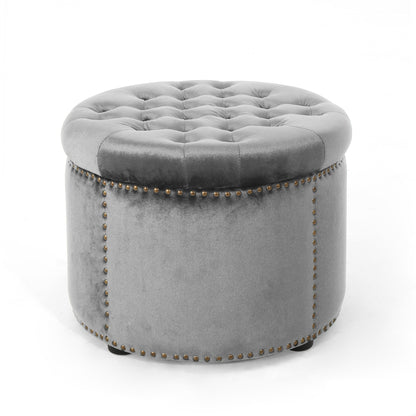 Elegant Round Ottoman Footstool With Velvet Upholstery And Studded Rim - Gray
