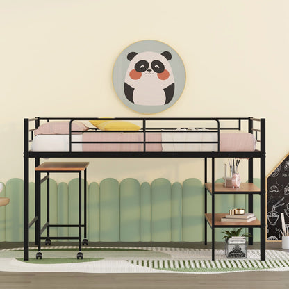 Twin Size Loft Bed With Desk And Shelves - Black