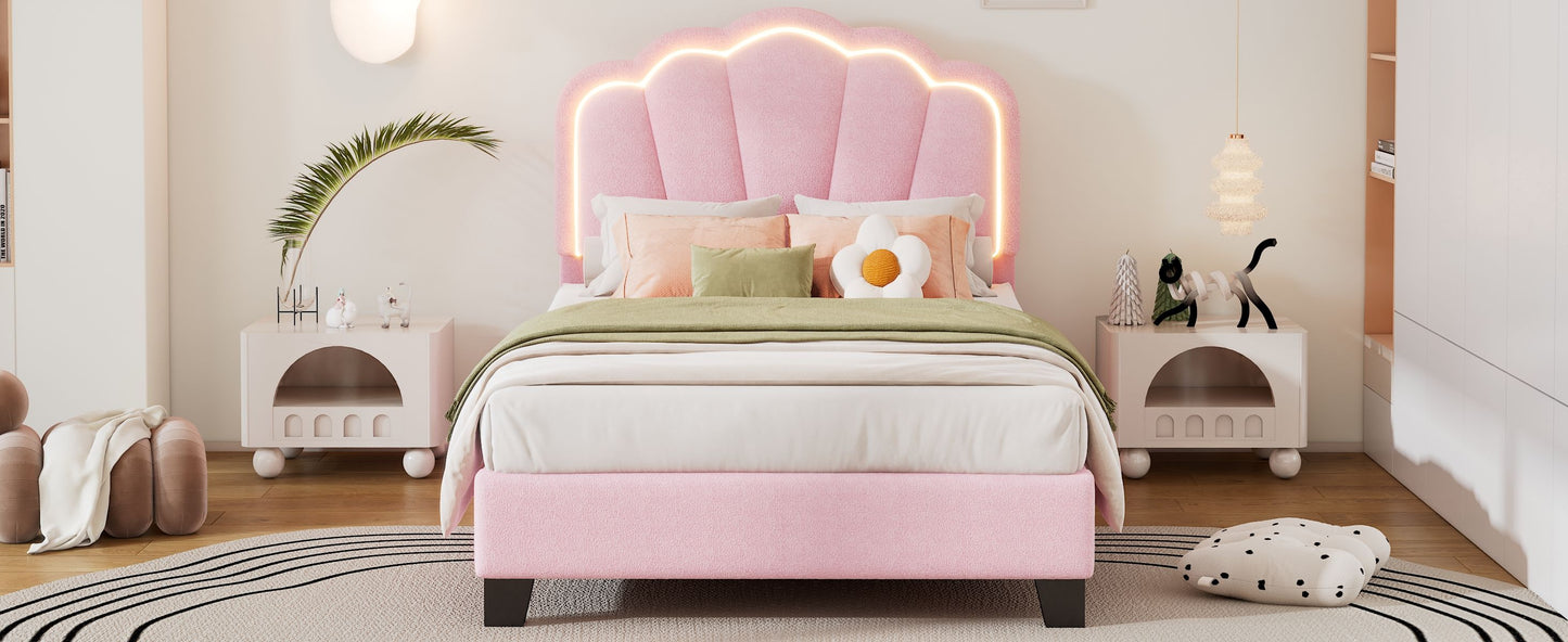 Twin Size Upholstered Flower-Shape Bed, Elegant Flowers Headboard With LED Light Strip, Sherpa Fabric Platform Bed With Slats Support - Pink