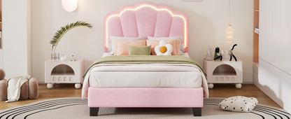 Twin Size Upholstered Flower-Shape Bed, Elegant Flowers Headboard With LED Light Strip, Sherpa Fabric Platform Bed With Slats Support - Pink