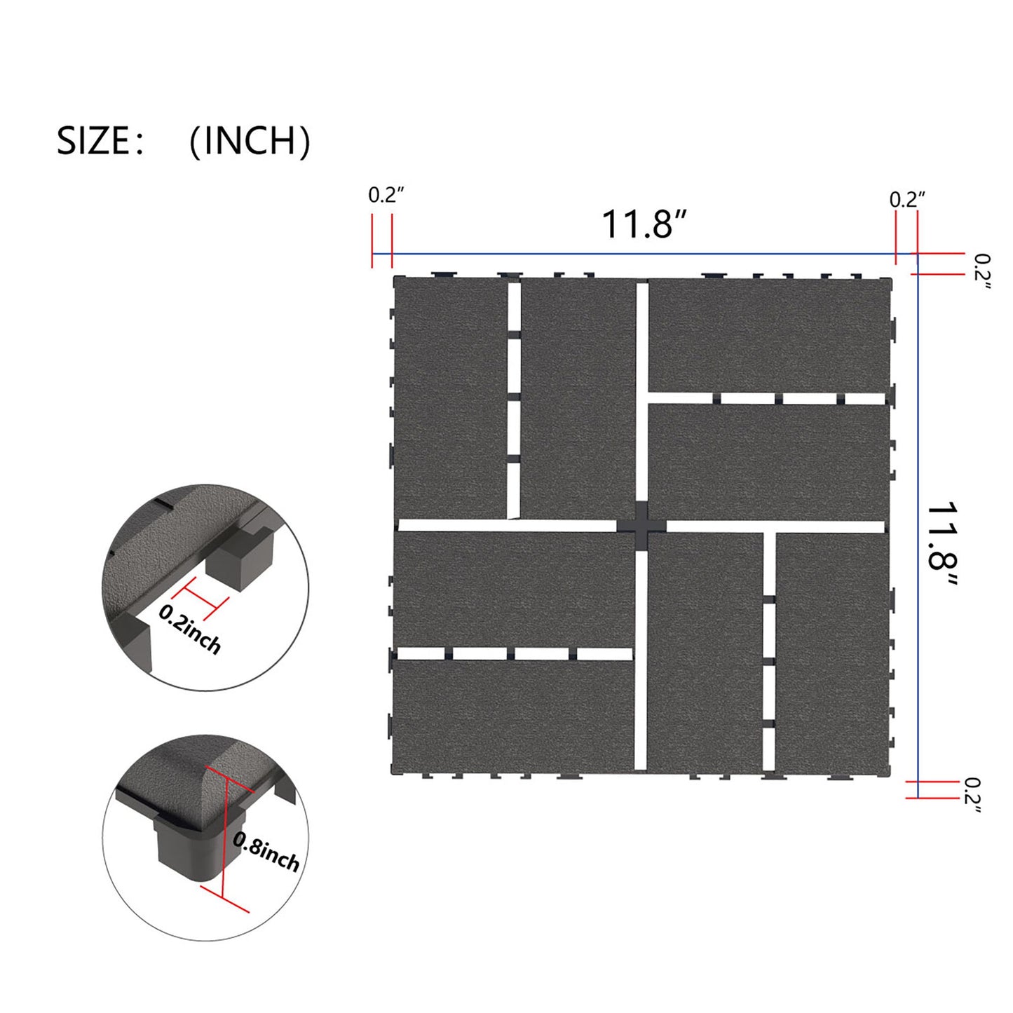 Interlocking Deck Tiles, 44 Pack Patio Deck Tiles, Waterproof Outdoor Use, Polypropylene, 12 X 12" - Dark Gray