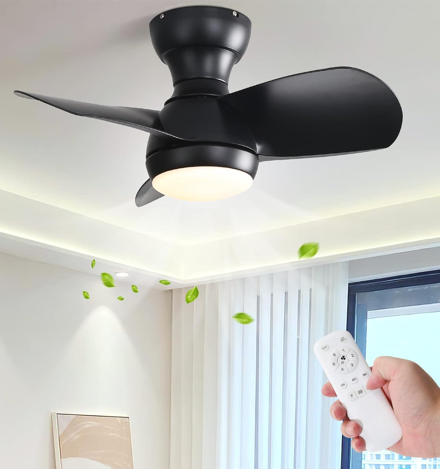 23" Bedroom Ceiling Fan With 3 Color Dimmable 3 ABS Blades Remote Control Dc Motor Black With 18W Led Light - Black