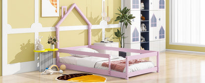 Twin Size Wood Bed With House-Shaped Headboard Floor Bed With Fences - Pink