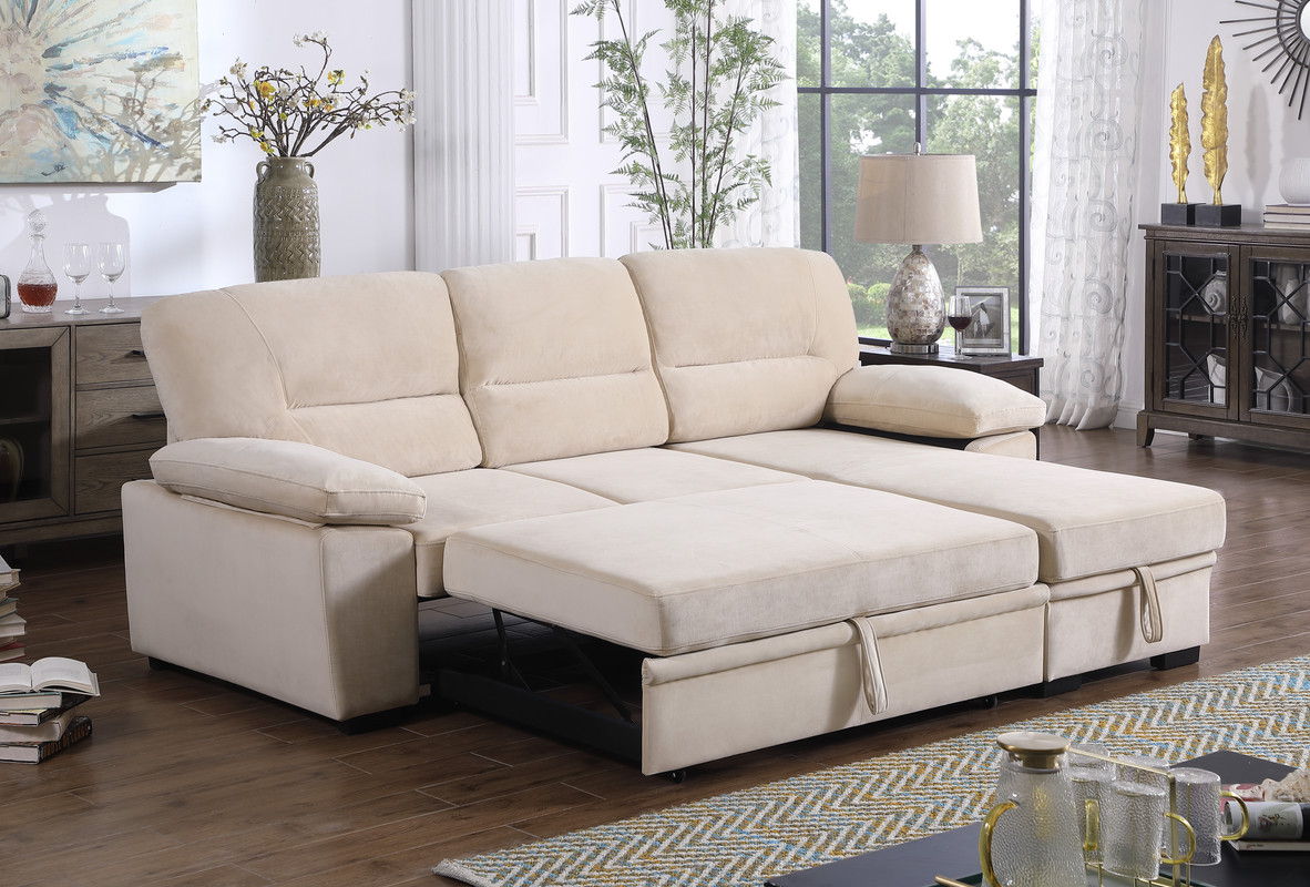 Kipling - Velvet Fabric Reversible Sleeper Sectional Sofa Chaise - Beige