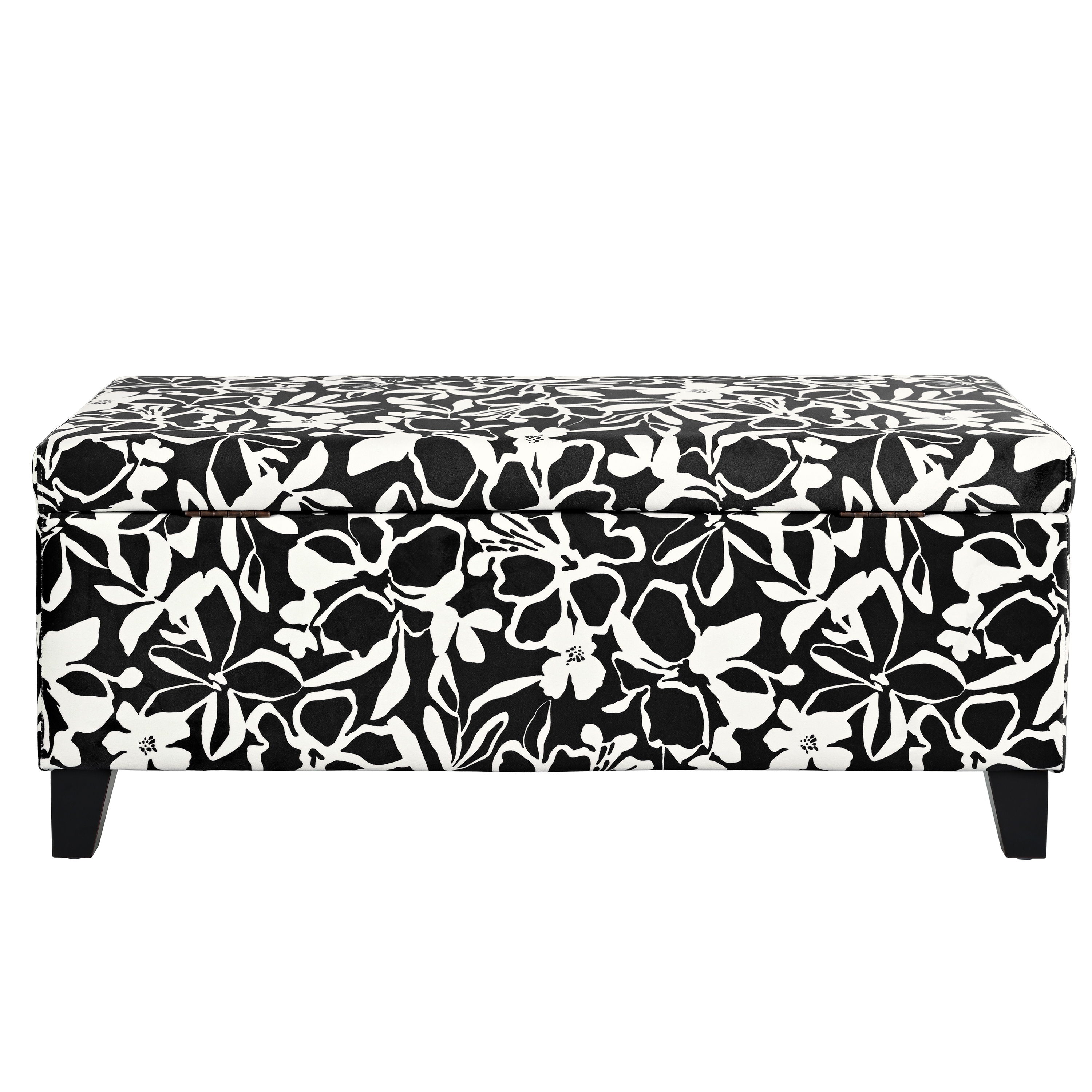 Luxury Storage Ottoman With Floral Patterned Fabric, Soft Close Hinges, Multi Functional Footrest & Seat - Black Floral / White