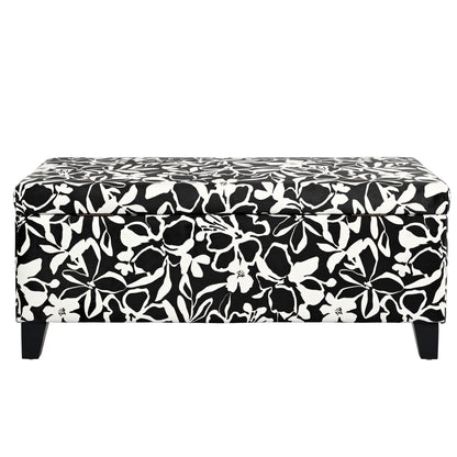 Luxury Storage Ottoman With Floral Patterned Fabric, Soft Close Hinges, Multi Functional Footrest & Seat - Black Floral / White
