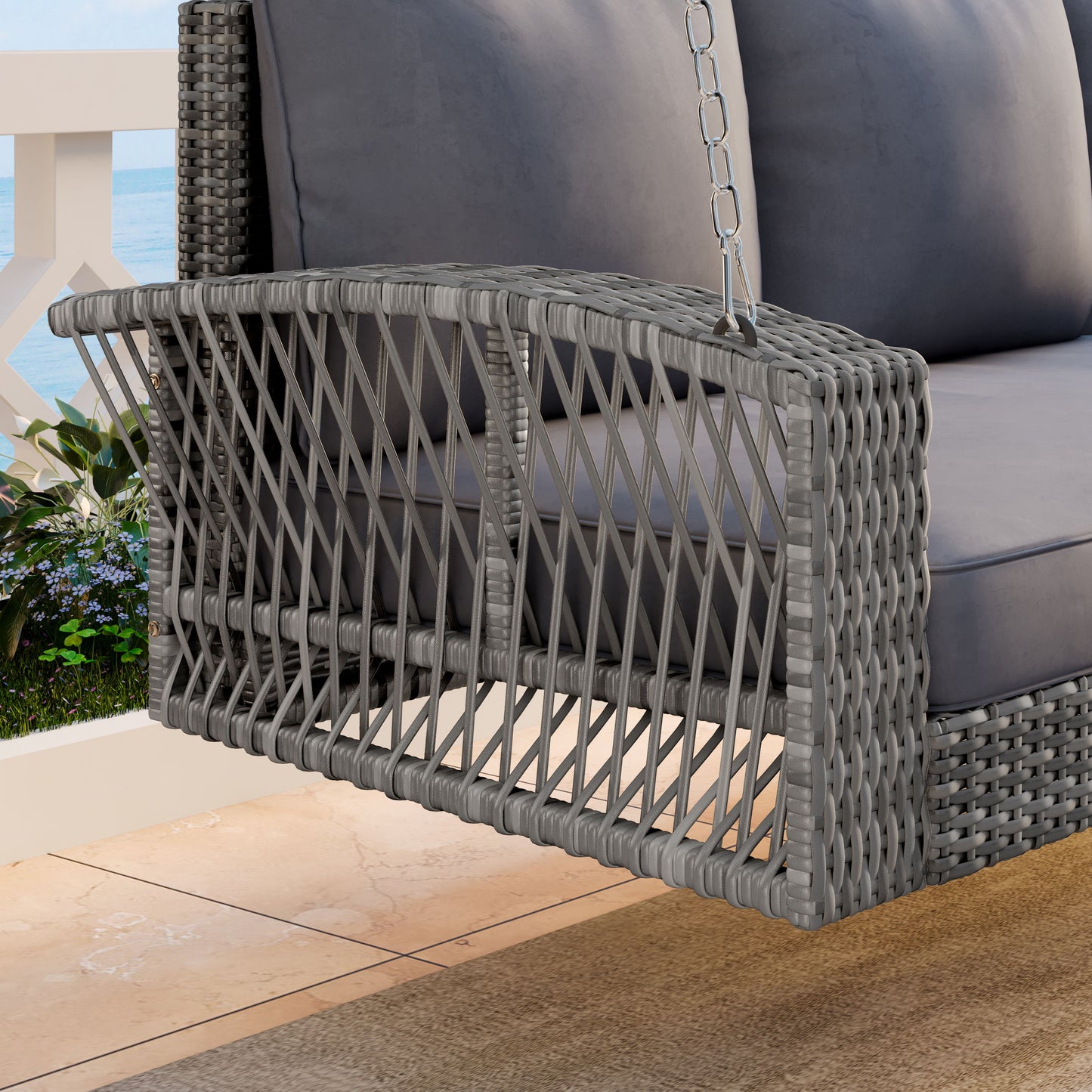 3 Person Porch Swing With Chains, Large Patio Swing Bench With Cushions For Backyard, Garden, And Poolside - Gray