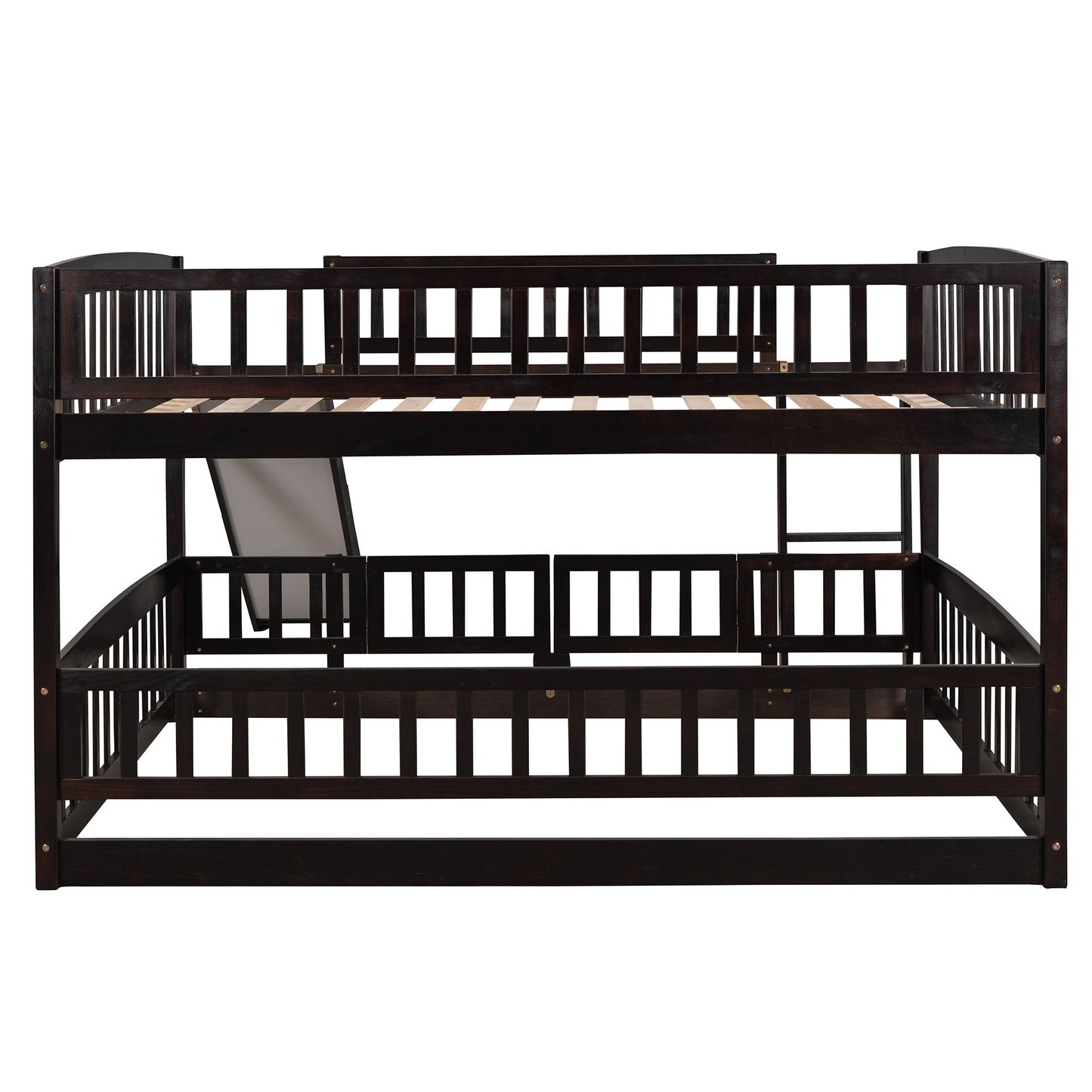 Full Over Full Low Bunk Bed With Slide, Fence And Ladder For Toddler - Espresso