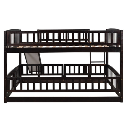 Full Over Full Low Bunk Bed With Slide, Fence And Ladder For Toddler - Espresso