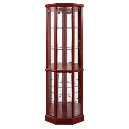 6 Shelf Lighted Corner Curio Cabinet With Adjustable Tempered Glass Shelves And Mirror Back (E26 Light Bulb Not Included) - Cherry