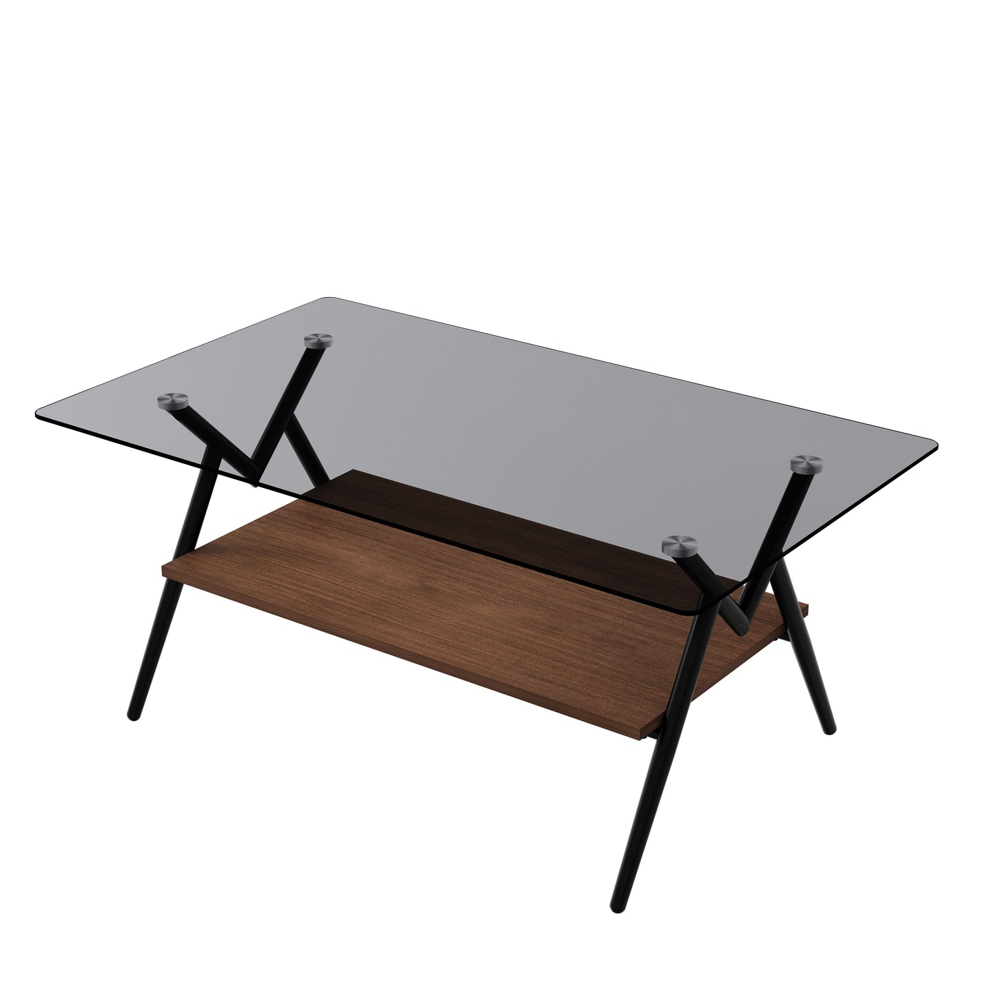 Rectangle Coffee Table With Tempered Glass Top And Brown MDF Shelf, Modern Table For Living Room - Gray