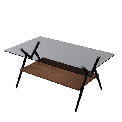 Rectangle Coffee Table With Tempered Glass Top And Brown MDF Shelf, Modern Table For Living Room - Gray