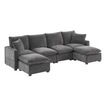 Modern U-Shape Modular Sofa, 6 Seat Chenille Sectional Couch Set With 2 Pillows Included, Freely Combinable Indoor Funiture - Black / Gray