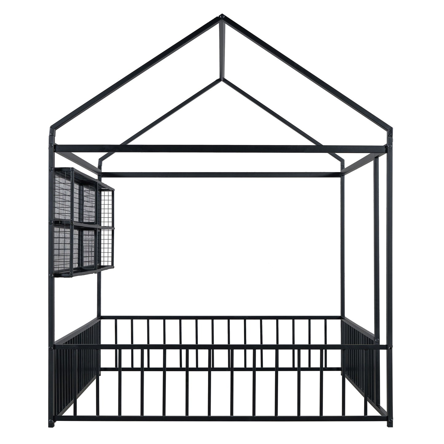 Full Size Bed House Frame With Fence And Shelves - Black