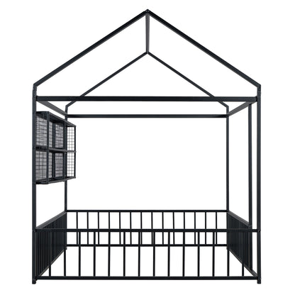Full Size Bed House Frame With Fence And Shelves - Black