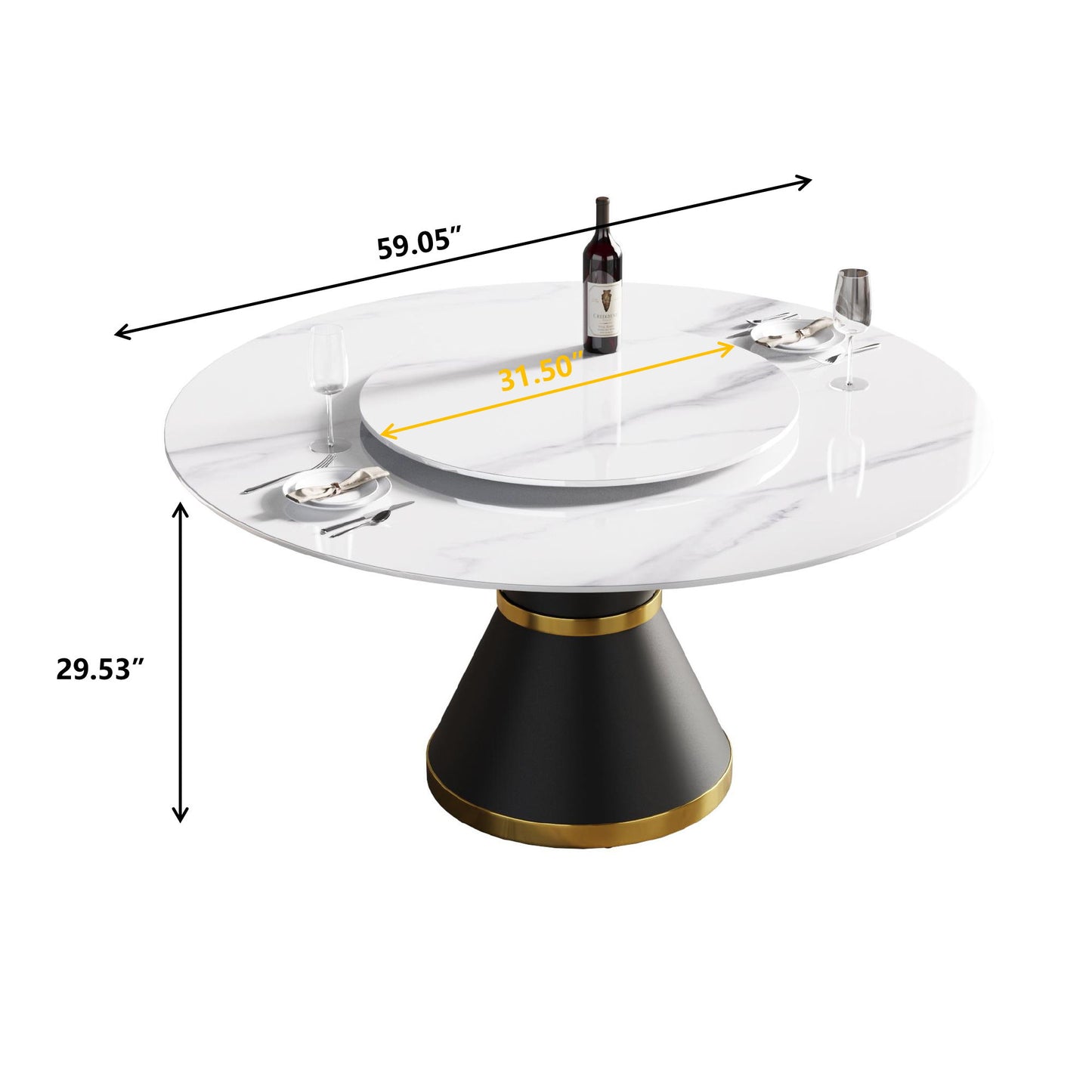 59.05" Modern Artificial Stone Round Carbon Steel Base Dining Table, White Artificial Stone Turntable - White / Black
