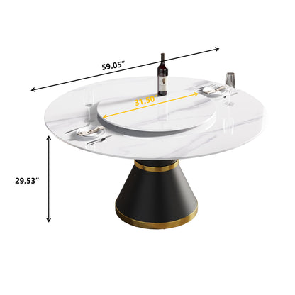 59.05" Modern Artificial Stone Round Carbon Steel Base Dining Table, White Artificial Stone Turntable - White / Black