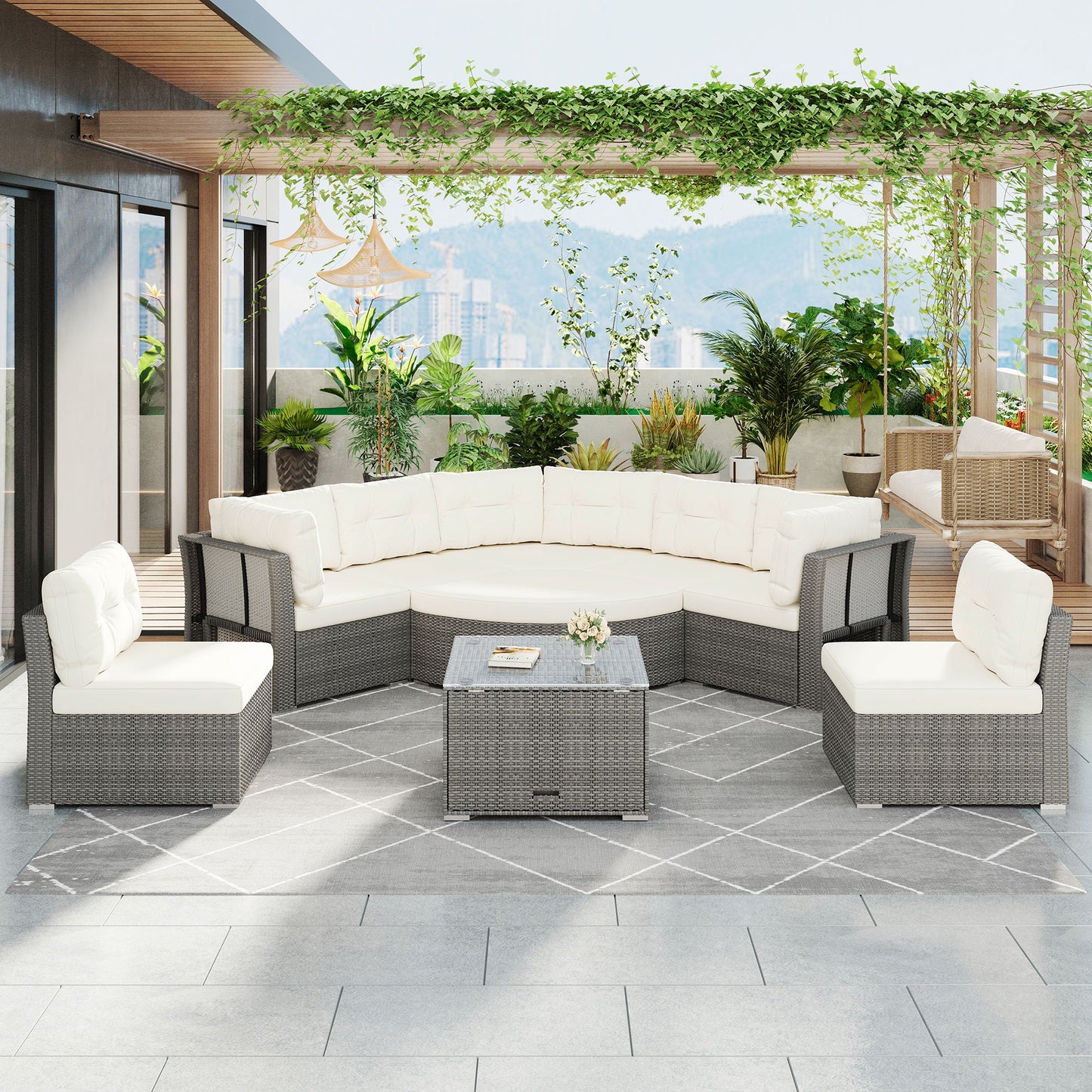 Patio Furniture Set Outdoor Daybed Rattan Sectional With Cushions And Center Table - Beige
