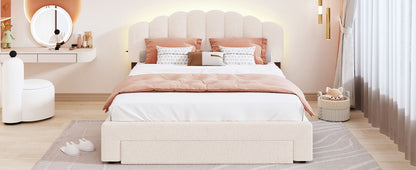 Queen Size Upholstered Platform Bed With Drawer - Beige