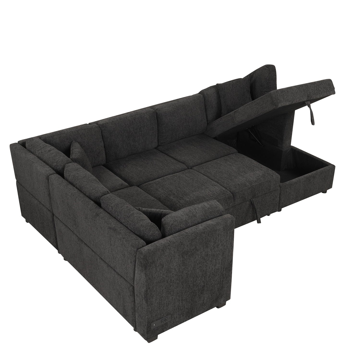 U-Shaped Sectional Sofa Pull Out Sofa Bed With Two USB Ports, Two Power Sockets, Three Back Pillows And A Storage Chaise For Living Room - Black