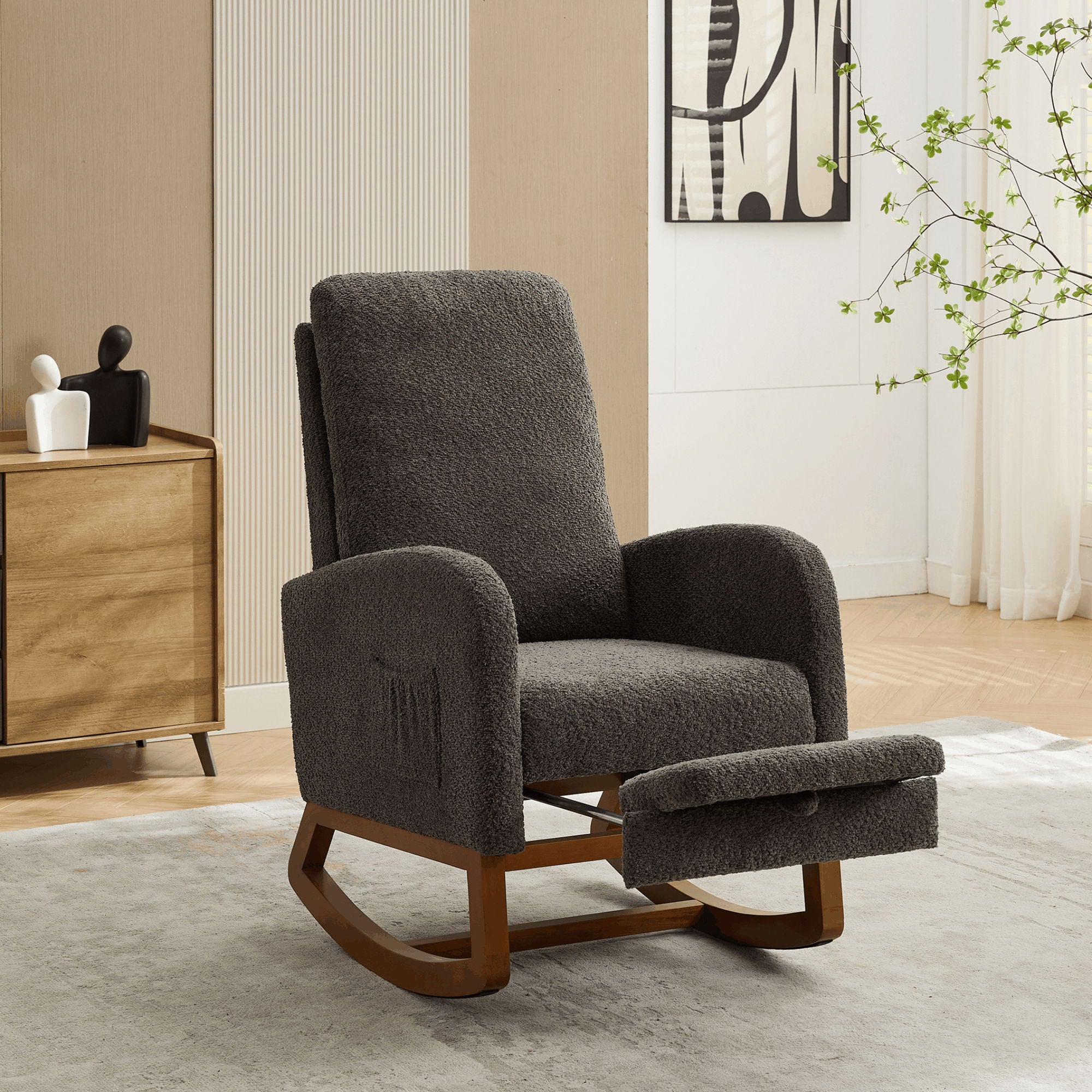 Rocking Chair For Nursery, High Back Glider Chair With Retractable Footrest, Side Pocket, Rocking Accent Armchair With Rubber Wood Legs For Living Room / Bedroom - Charcoal