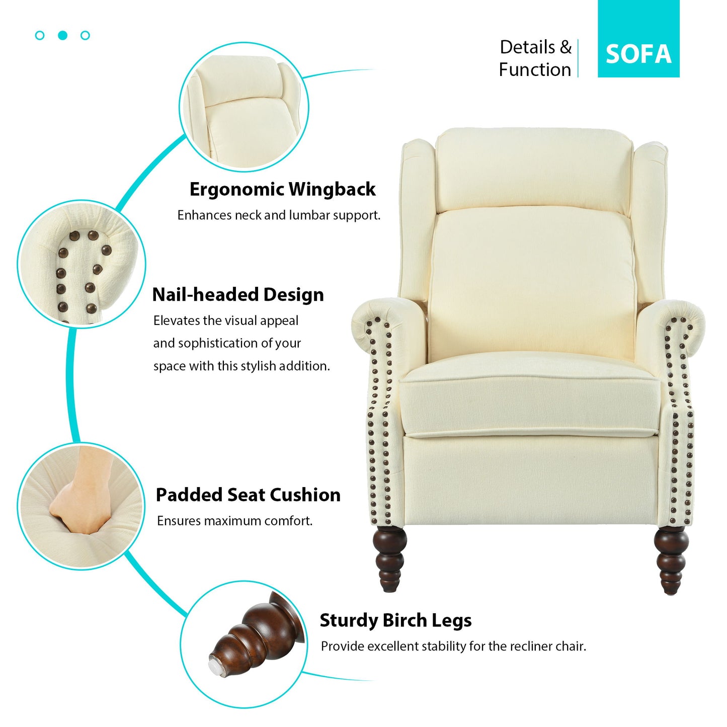 Push Back Recliner Chair Upholstered With Classic Wing Back And Solid Gourd-Shaped Legs For Living Room - Beige