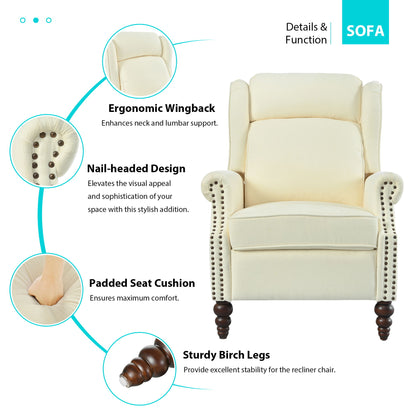 Push Back Recliner Chair Upholstered With Classic Wing Back And Solid Gourd-Shaped Legs For Living Room - Beige