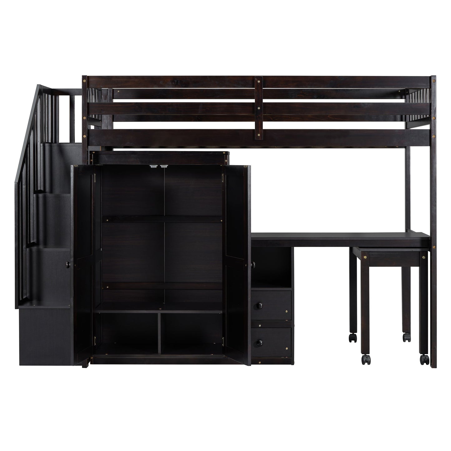 Twin Size Loft Bed With Stairs, Bookshelf, Drawers, Desk & Wardrobe, Space Saving Multifunctional Furniture - Espresso