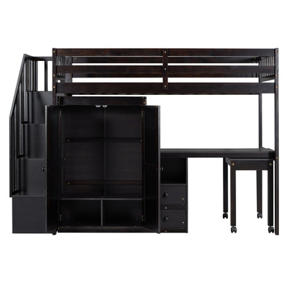 Twin Size Loft Bed With Stairs, Bookshelf, Drawers, Desk & Wardrobe, Space Saving Multifunctional Furniture - Espresso