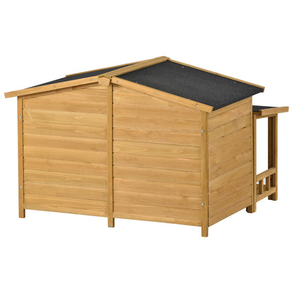 Large Wooden Dog House Outdoor / Indoor Dog Crate, Cabin Style, With Porch, 2 Doors - Natural
