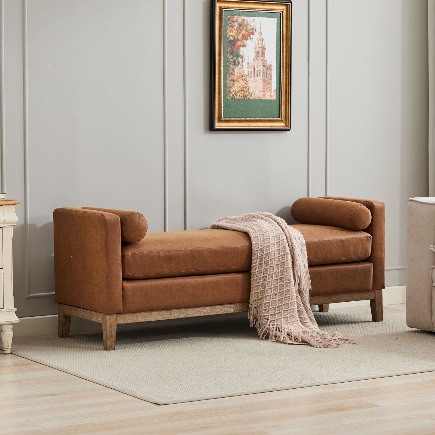 Elegant Upholstered Bench, Daybed, Ottoman With Wood Legs & 2 Bolster Pillows - Brown