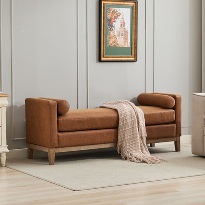 Elegant Upholstered Bench, Daybed, Ottoman With Wood Legs & 2 Bolster Pillows - Brown