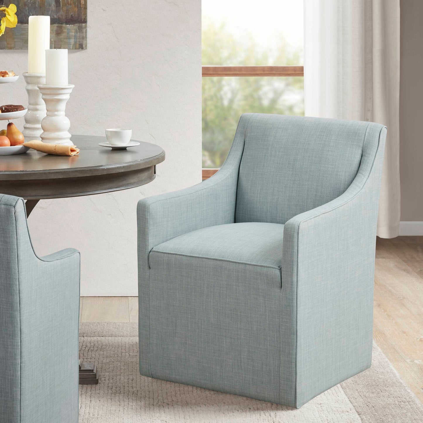 Upholstered Dining Arm Chair With Casters Woven - Light Gray Blue