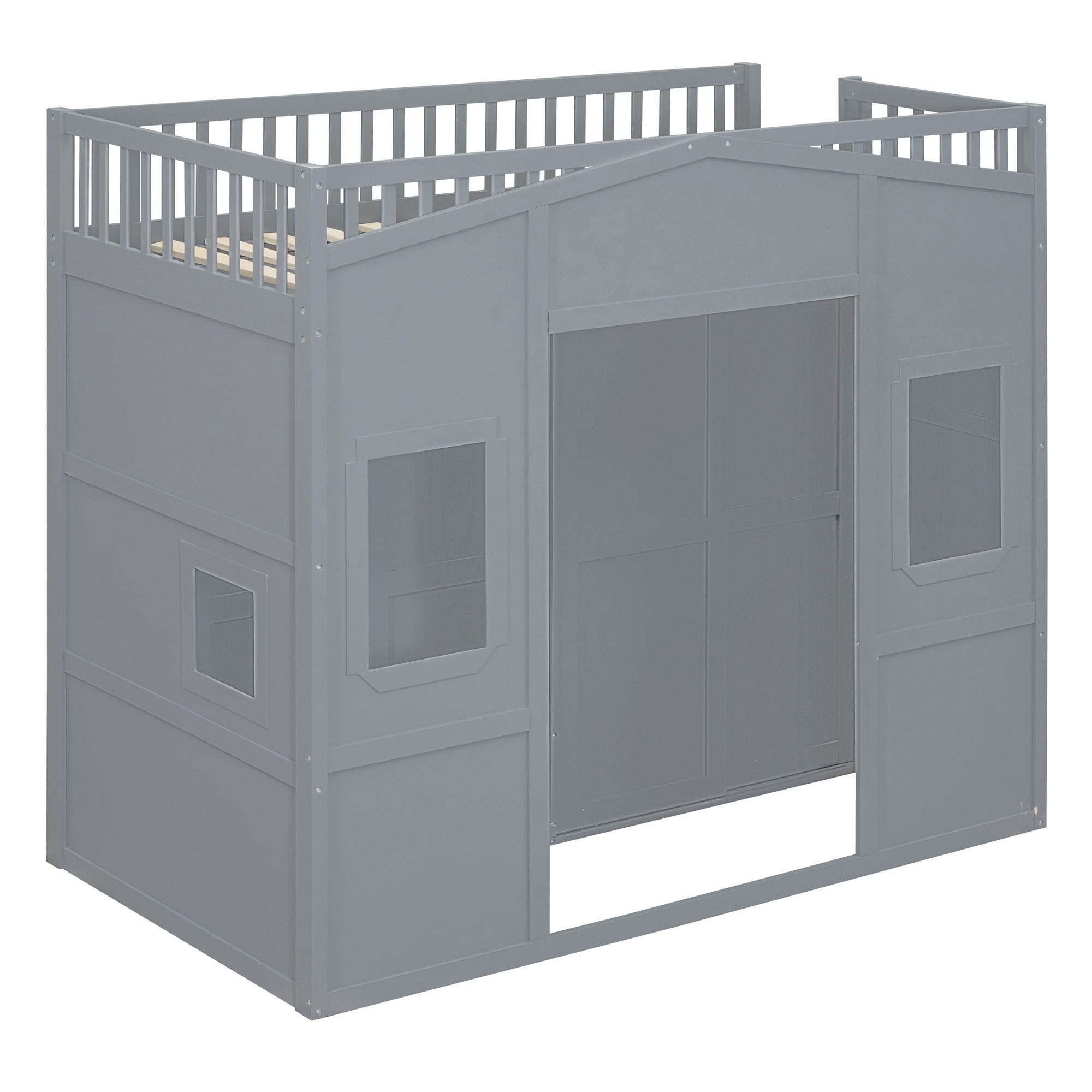 Twin Size House Loft Bed With Ladder And Wardrobe - Gray