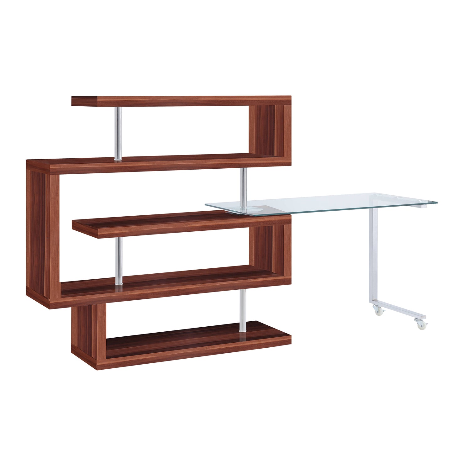 Buck II - Clear Glass, Chrome High Gloss Writing Desk With Shelf - Walnut
