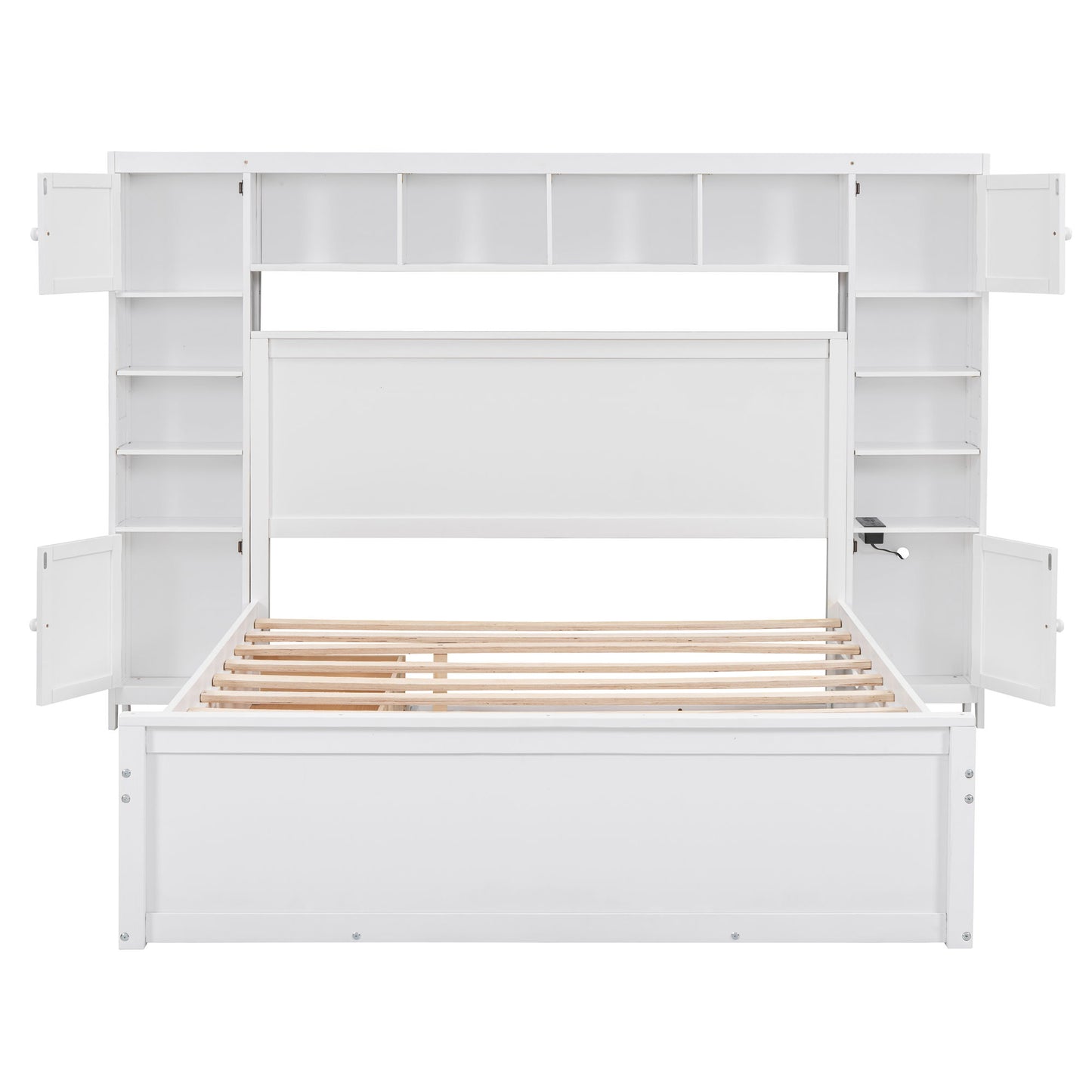 Queen Size Bed With All In One Cabinet, Shelf And Sockets, Twin Long Trundle - White