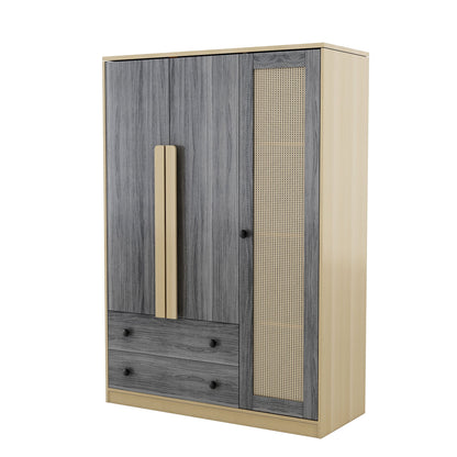 3 Doors Rattan Wardrobe Storage For Bedroom, With 2 Drawers - Gray / Nature