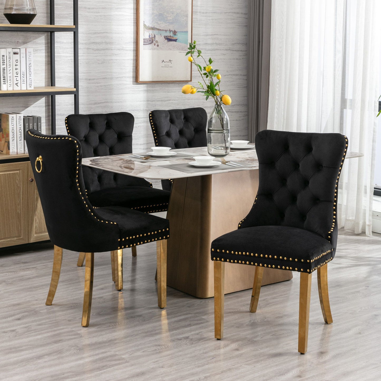 Nikki - Modern, High-End Tufted Solid Wood Contemporary Velvet Upholstered Dining Chair With Golden Stainless Steel Plating Legs, Nailhead Trim (Set of 2) - Black