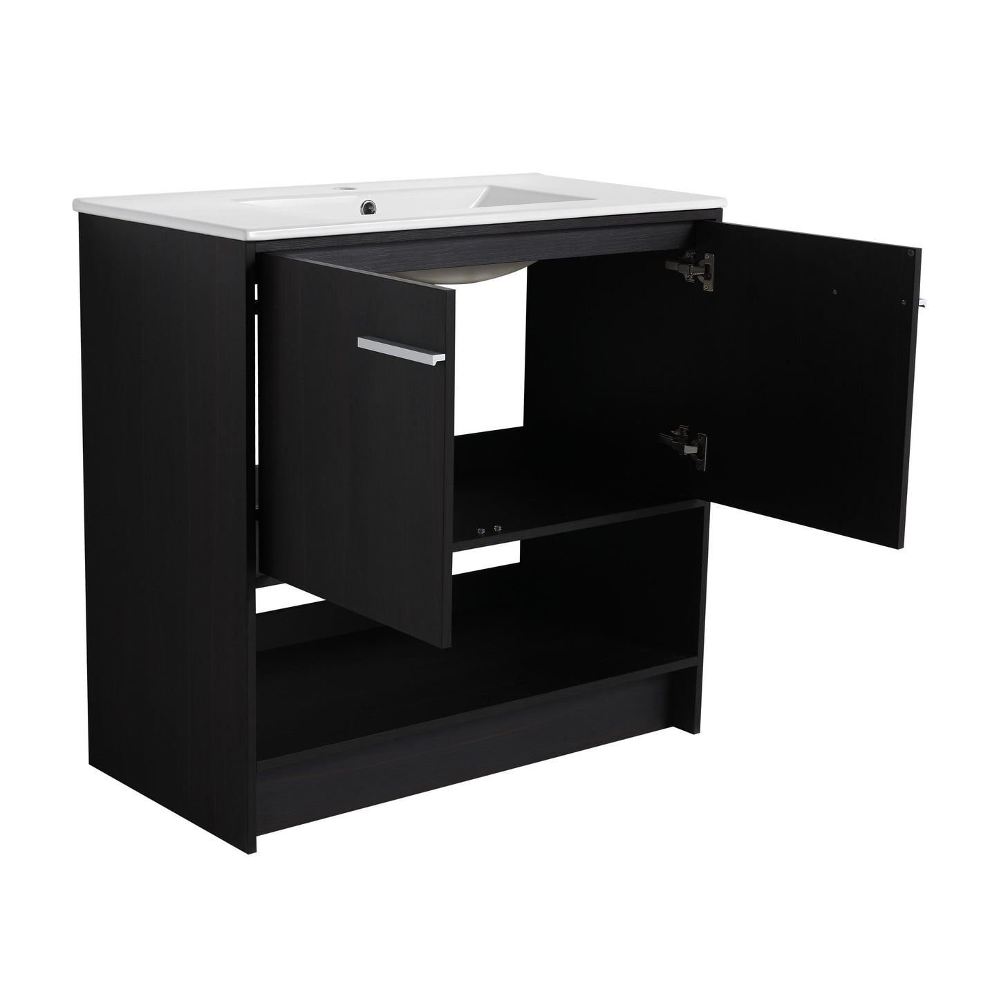 Modern 36" Bathroom Vanity With Ceramic Sink And Soft Closing Doors - Dark Oak