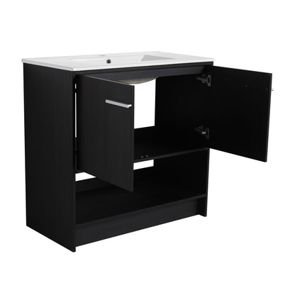 Modern 36" Bathroom Vanity With Ceramic Sink And Soft Closing Doors - Dark Oak