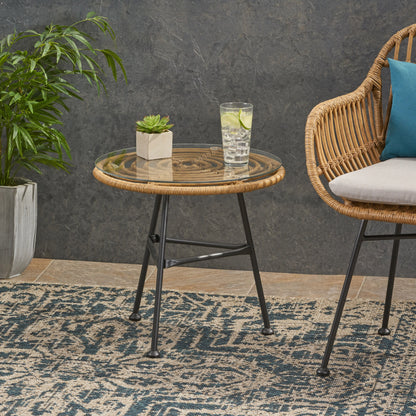 Petrichor - Outdoor Side Table With Tempered Glass And Steel Frame - Light Brown