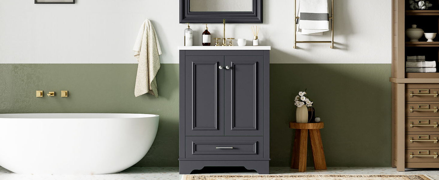 Bathroom Vanity With Ceramic Sink Combo, Modern Freestanding Storage Cabinet With Silver Handles, Soft Closing Doors - Blue Gray