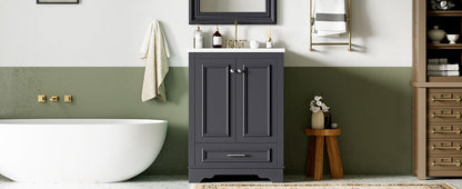 Bathroom Vanity With Ceramic Sink Combo, Modern Freestanding Storage Cabinet With Silver Handles, Soft Closing Doors - Blue Gray