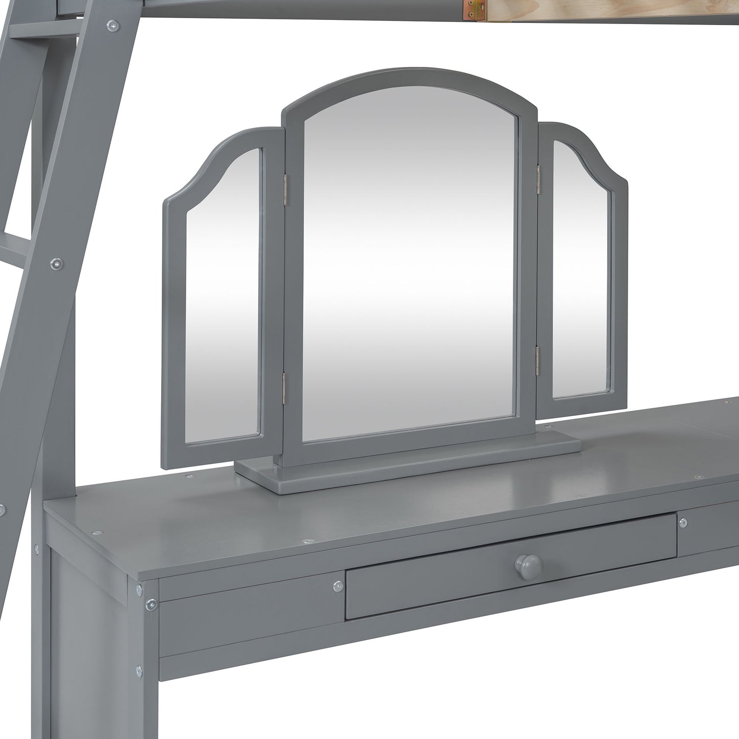 Full Loft Bed With U Shaped Desk, Storage Compartments And Tri Fold Mirror - Gray