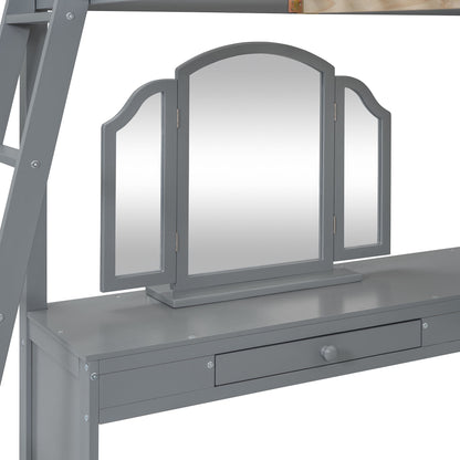 Full Loft Bed With U Shaped Desk, Storage Compartments And Tri Fold Mirror - Gray