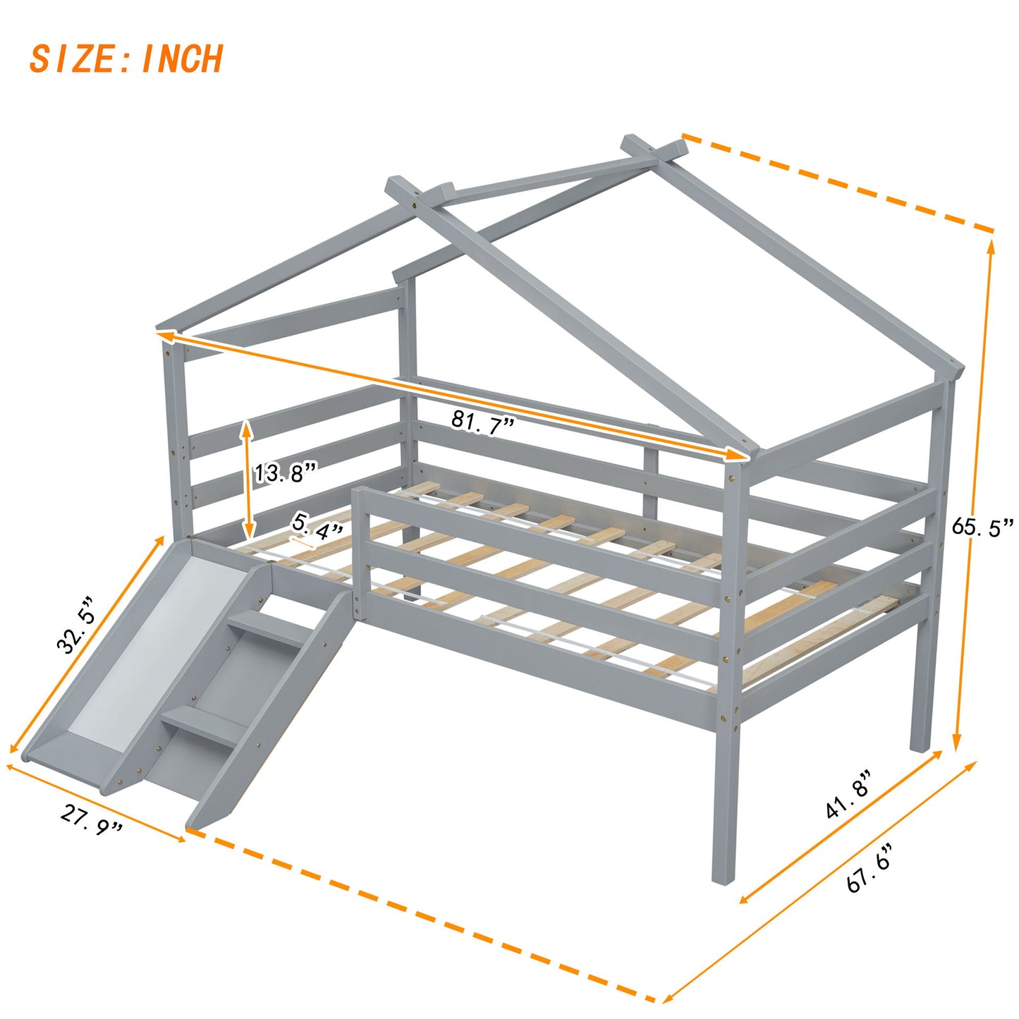 Twin Low Loft House Bed With Slide, Ladder, Safety Guardrails, House Roof Frame - Gray