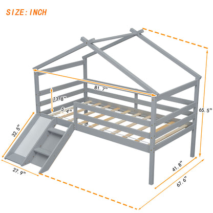 Twin Low Loft House Bed With Slide, Ladder, Safety Guardrails, House Roof Frame - Gray