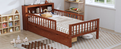 Twin Size Bed With Headboard Storage Rack, 2 Under Bed Drawers, 3 - Side Guardrails For Safety And Security - Walnut